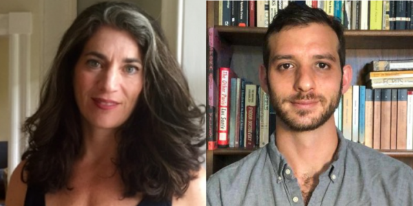 Portrait pictures of Sarah Hammerschlag (left) and Jacob Levi (right). Sarah is photographed in front of a neutral background wearing a black, sleevless top; Jacob is photographed in front of a bookcase wearing a gray dress shirt.