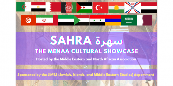 A banner of flags from the MENA region overlayed on an image of a busy marketplace. White text on a purple background provides the event description.